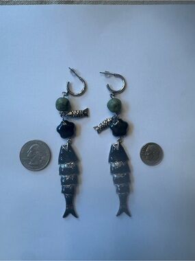 Free People Green and Black Fish Charm Dangle Earrings